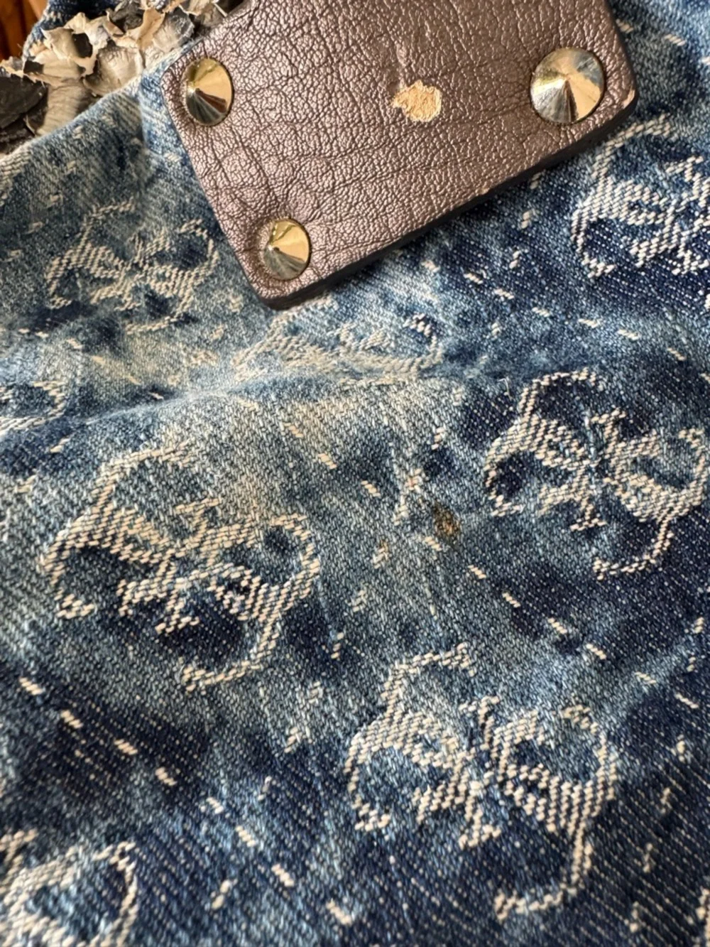 Vintage GUESS Blue Denim Logo Print Large Monogram Y2K Tote Shoulder Bag-READ